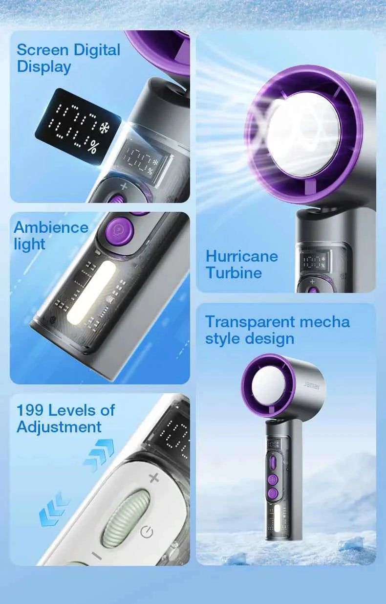 2025 Portable Handheld Turbo Fan 199 Gears Adjustable Strong Wind 6500mAh Night Lights&LED Screen Summer Outdoor Cooling Tools - Fullshopping