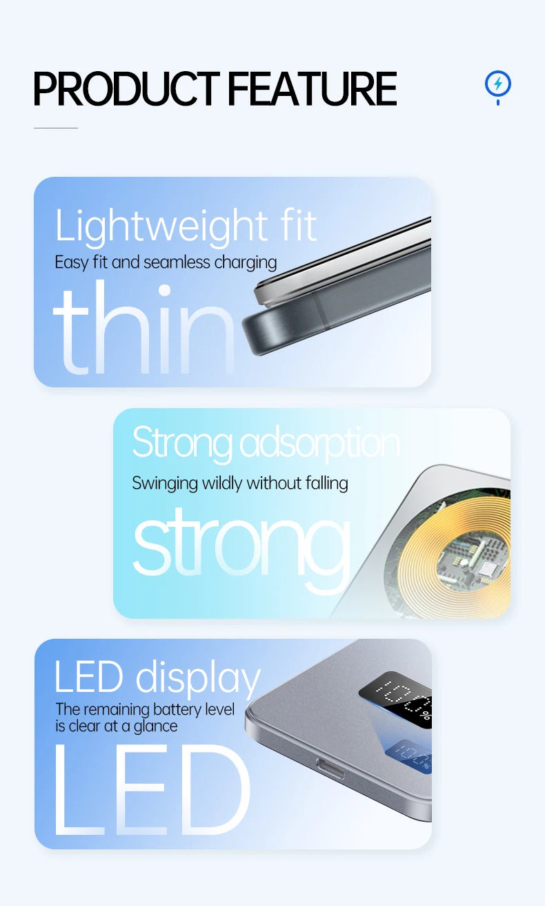 Ultra Thin Power Bank for MagSafe,Magnetic Wireless Fast Charging LED Display Portable Battery For iPhone Samsung Phone Airpods - Fullshopping