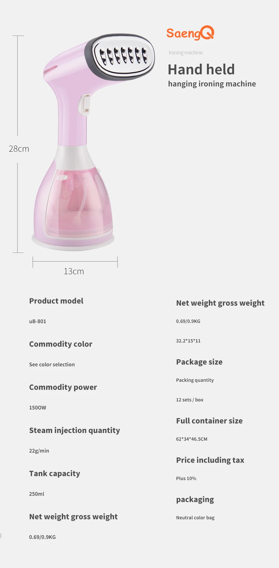 saengQ Handheld Garment Steamer 1500W Electric Household Fabric Steam Iron 280ml Portable Vertical Fast-Heat For Clothes Ironing - Fullshopping