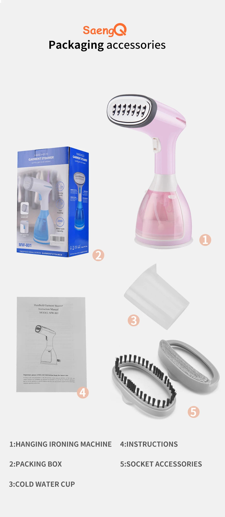 saengQ Handheld Garment Steamer 1500W Electric Household Fabric Steam Iron 280ml Portable Vertical Fast-Heat For Clothes Ironing - Fullshopping