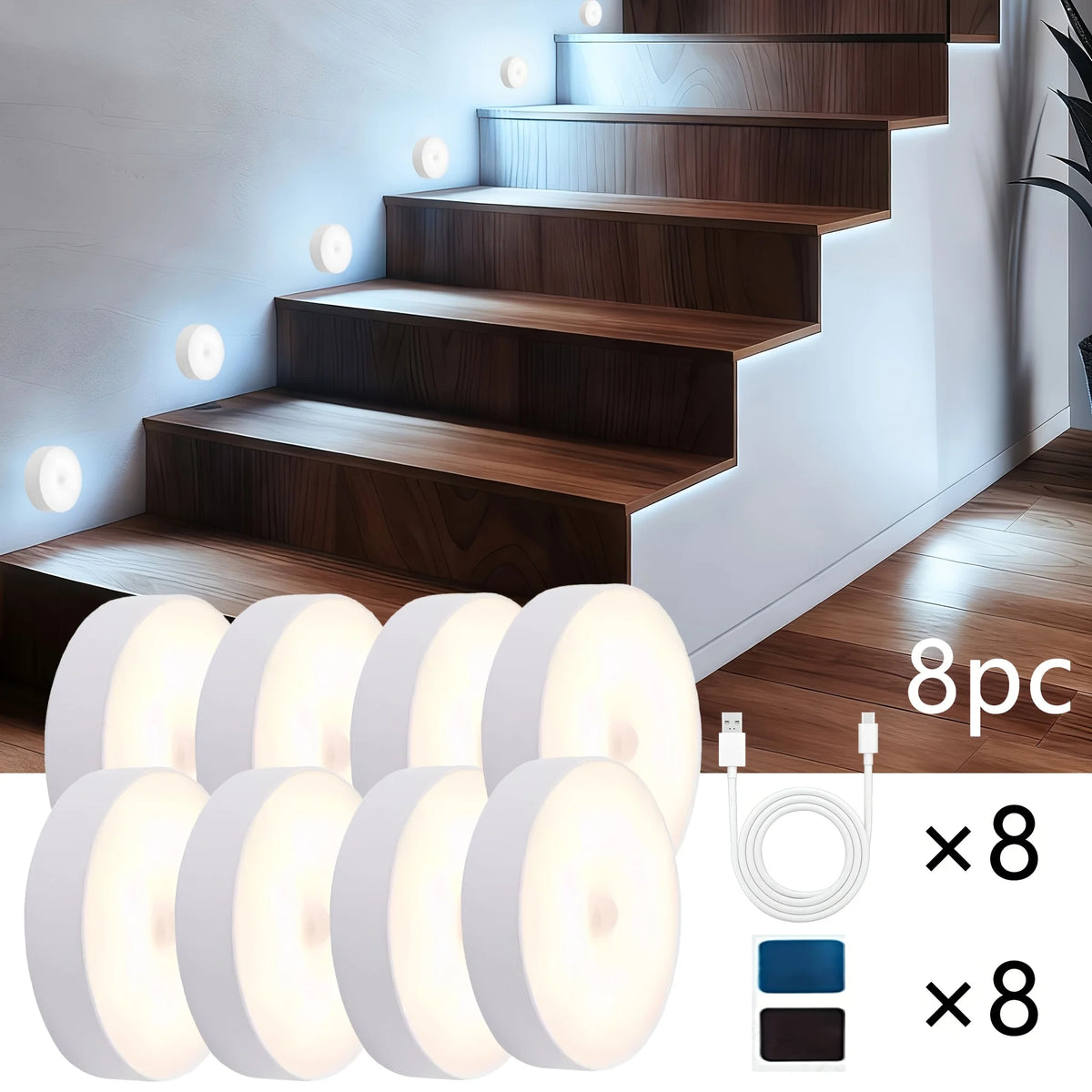 1~8Pcs Motion Sensor Night Lights 8-LED Round Wall Lamps USB Rechargeable Under Cabinet Lighting for Bedsides Hallways Stairs