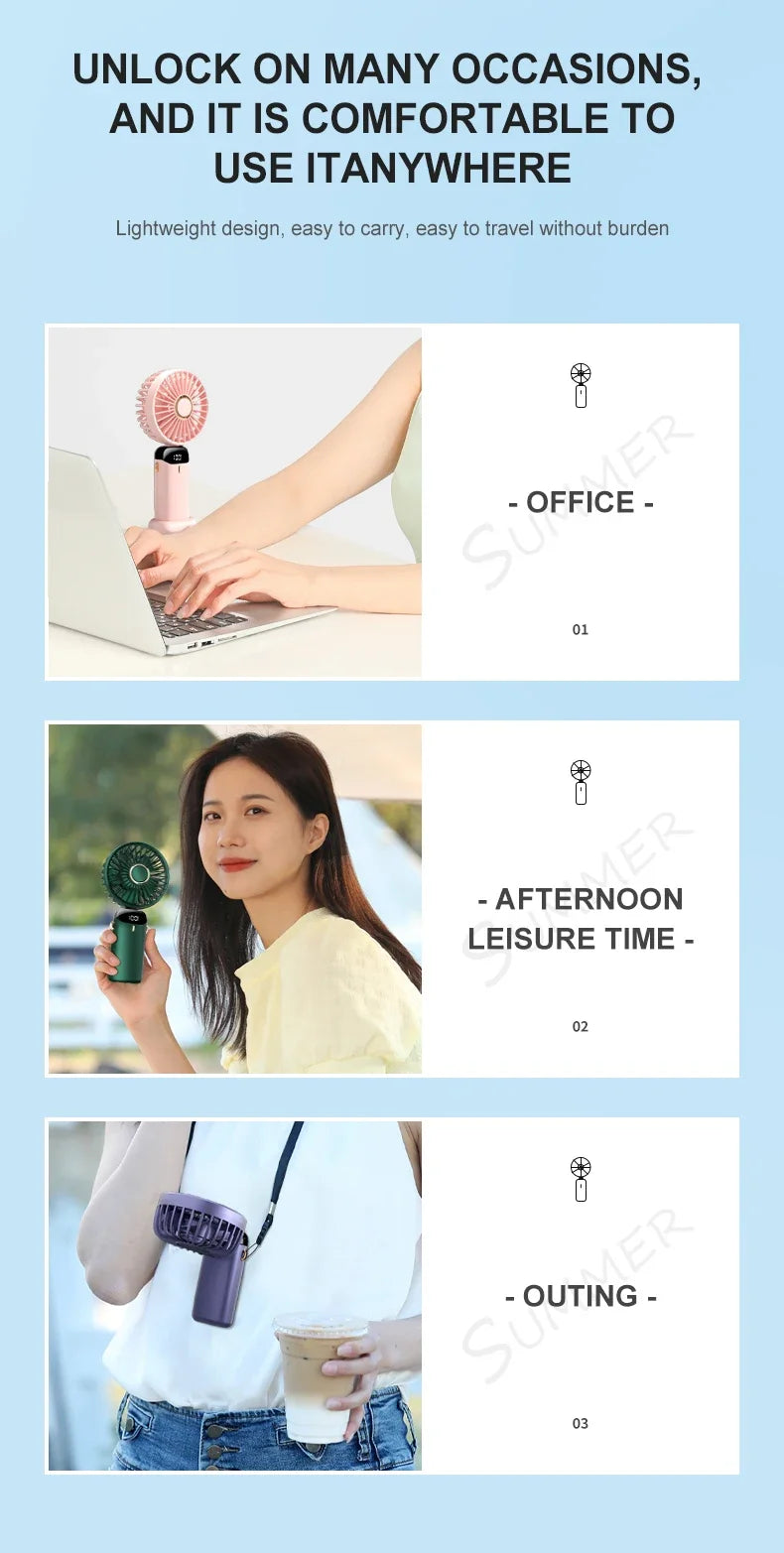 5000mAh Portable Fan Rechargeable 90° Foldable 5 Speed Mini Air Conditioner Small Fan Air Cooler with LED Digital Display - Fullshopping