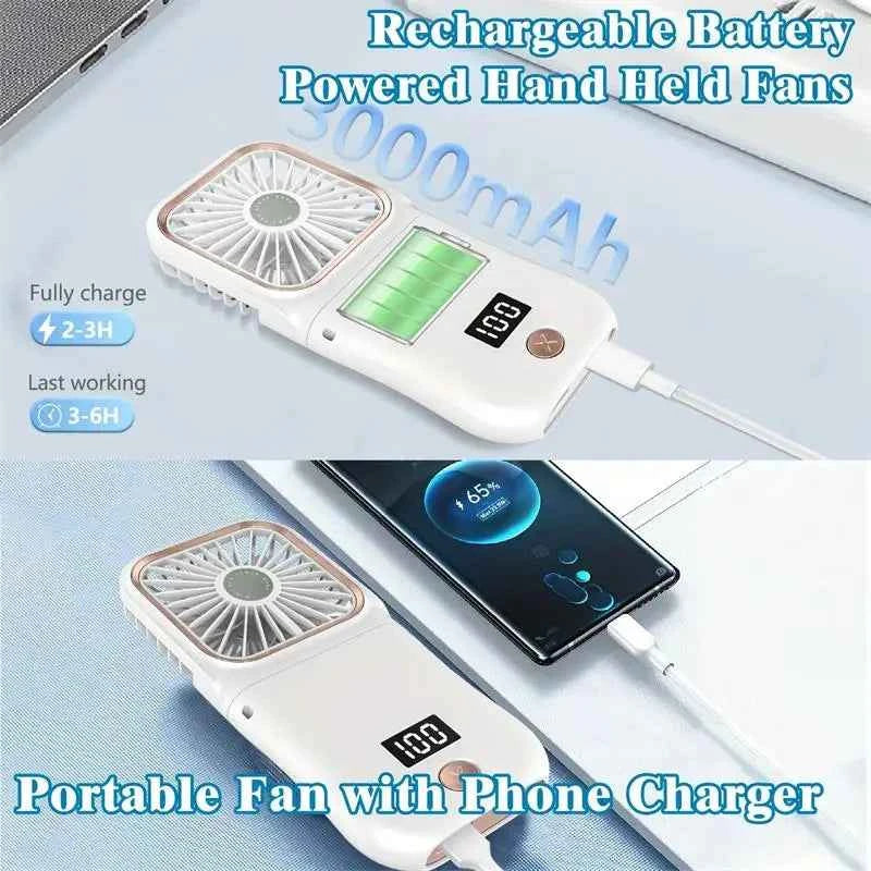 3000mAh 180° Folding Desktop Air Cooling Fan Emergency Power Supply Hanging Neck Fan Handheld USB Charging Portable Fan 2025