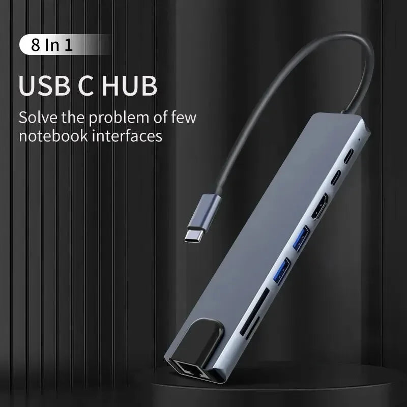 USB C Hub 8In1 7in2 7in1 Type C 3.1 To 4K HDMI Adapter with RJ45 SD/TF Card Reader PD Fast Charge for MacBook Notebook Laptop - Fullshopping