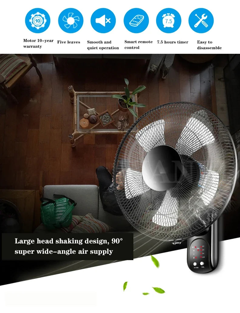 Household Wall-Mounted Electric Fan 220V/60W 16-Inch Living Room Kitchen Fan With 3 Speed Adjustable Smart Version/Mechanical - Fullshopping