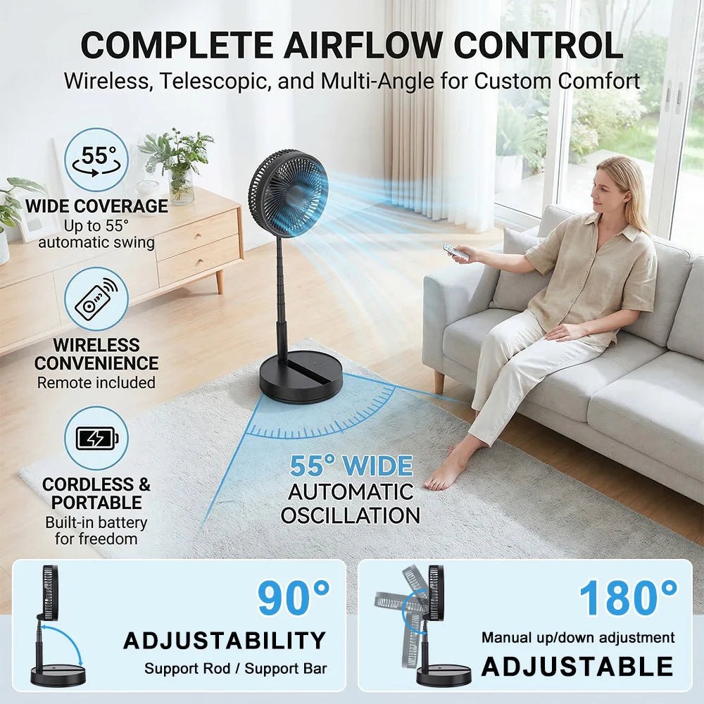 9" Portable Standing Oscillating Fan with Remote - Tall Floor Foldable Travel Fan for Sleeping - Pedestal Stand Up Folding Bed k