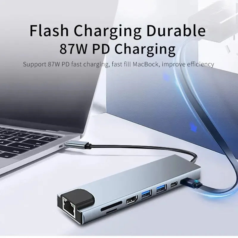 USB C Hub 8In1 7in2 7in1 Type C 3.1 To 4K HDMI Adapter with RJ45 SD/TF Card Reader PD Fast Charge for MacBook Notebook Laptop - Fullshopping