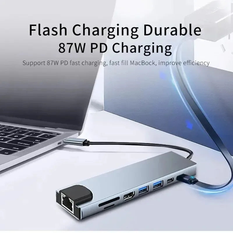 USB C Hub 8In1 7in2 7in1 Type C 3.1 To 4K HDMI Adapter with RJ45 SD/TF Card Reader PD Fast Charge for MacBook Notebook Laptop - Fullshopping
