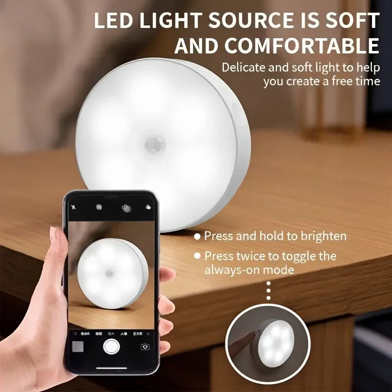 1~8Pcs Motion Sensor Night Lights 8-LED Round Wall Lamps USB Rechargeable Under Cabinet Lighting for Bedsides Hallways Stairs