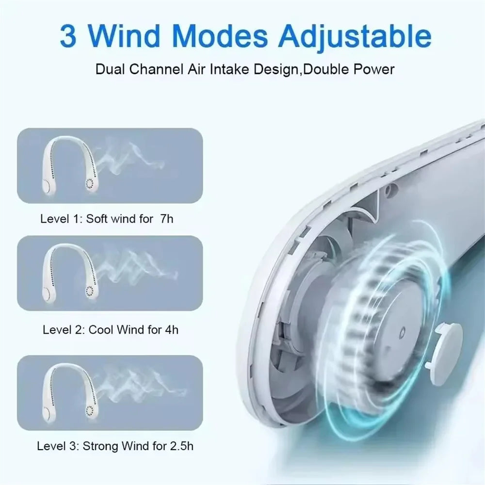 New Mini Neck Fan Portable Bladeless Hanging Neck 1200mAh Rechargeable Air Cooler 3 Speed Mini Summer Sports Fans - Fullshopping
