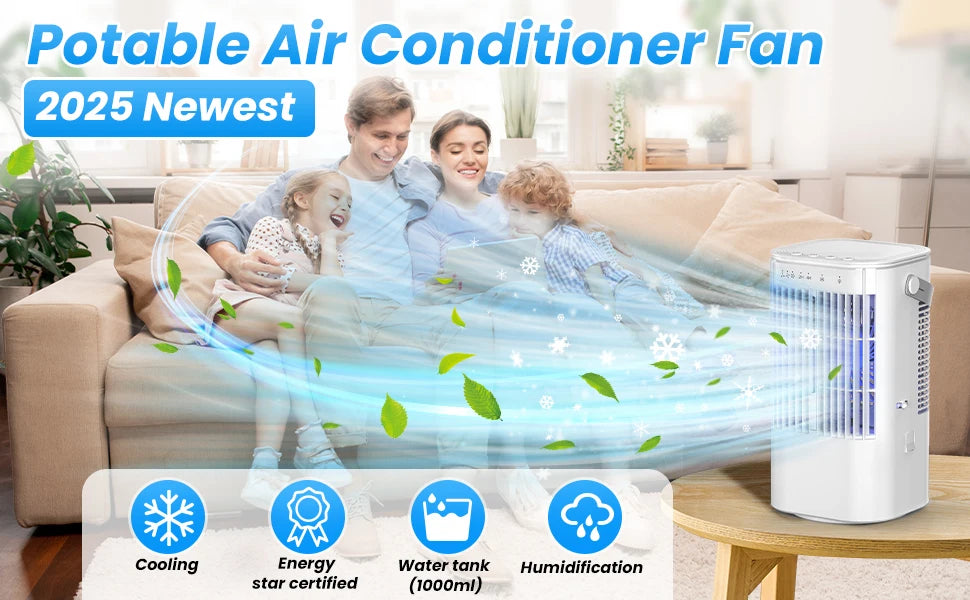 Portable cooling fan with seven-color night light, 900ml large capacity, USB interface, suitable for living room, bedroom, etc