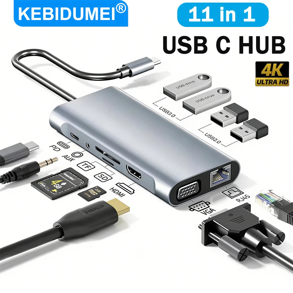 USB C HUB 11-in-1 Docking Stations Type C to 4K HDMI Adapter USB 3.0 5Gbps Splitter Adapter With PD RJ45 Card Reader For PC - Fullshopping