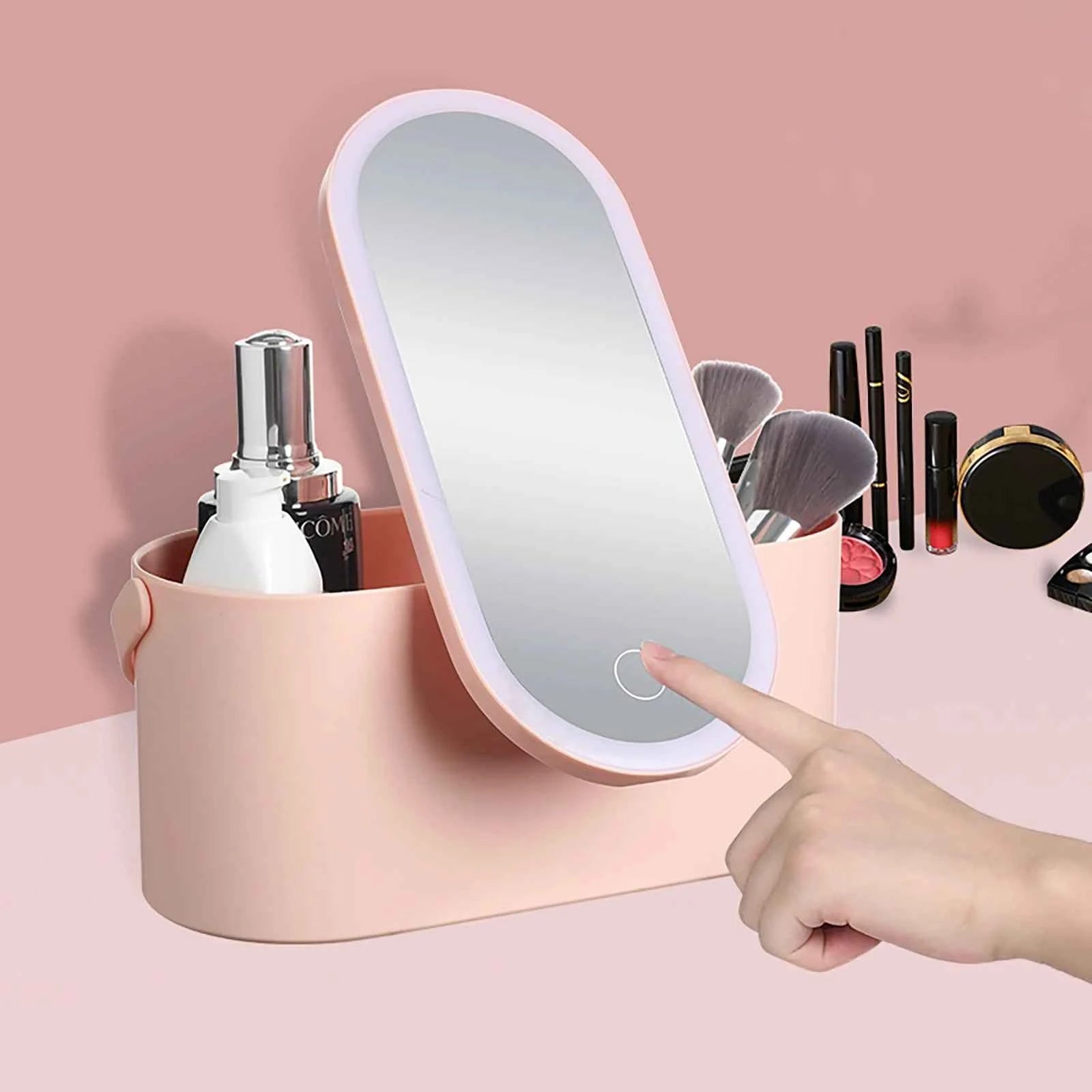 Portable Makeup Box with Light Up Mirror Cosmetic Storage Box Travel Makeup Case - Fullshopping