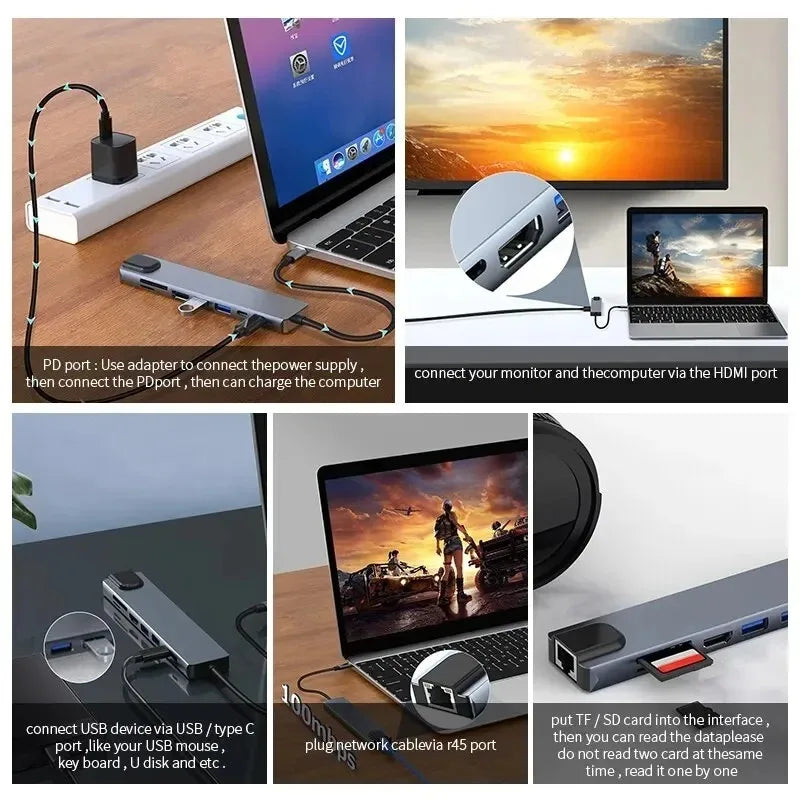 USB C Hub 8In1 7in2 7in1 Type C 3.1 To 4K HDMI Adapter with RJ45 SD/TF Card Reader PD Fast Charge for MacBook Notebook Laptop - Fullshopping