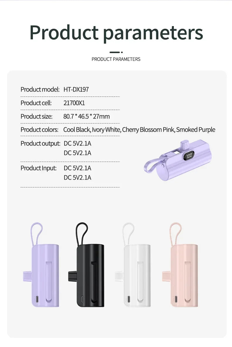 10000mAh Mini Power Bank Portable Fast Charger External Spare Battery For iPhone Samsung Built-in Type C Cable Small Powerbank - Fullshopping