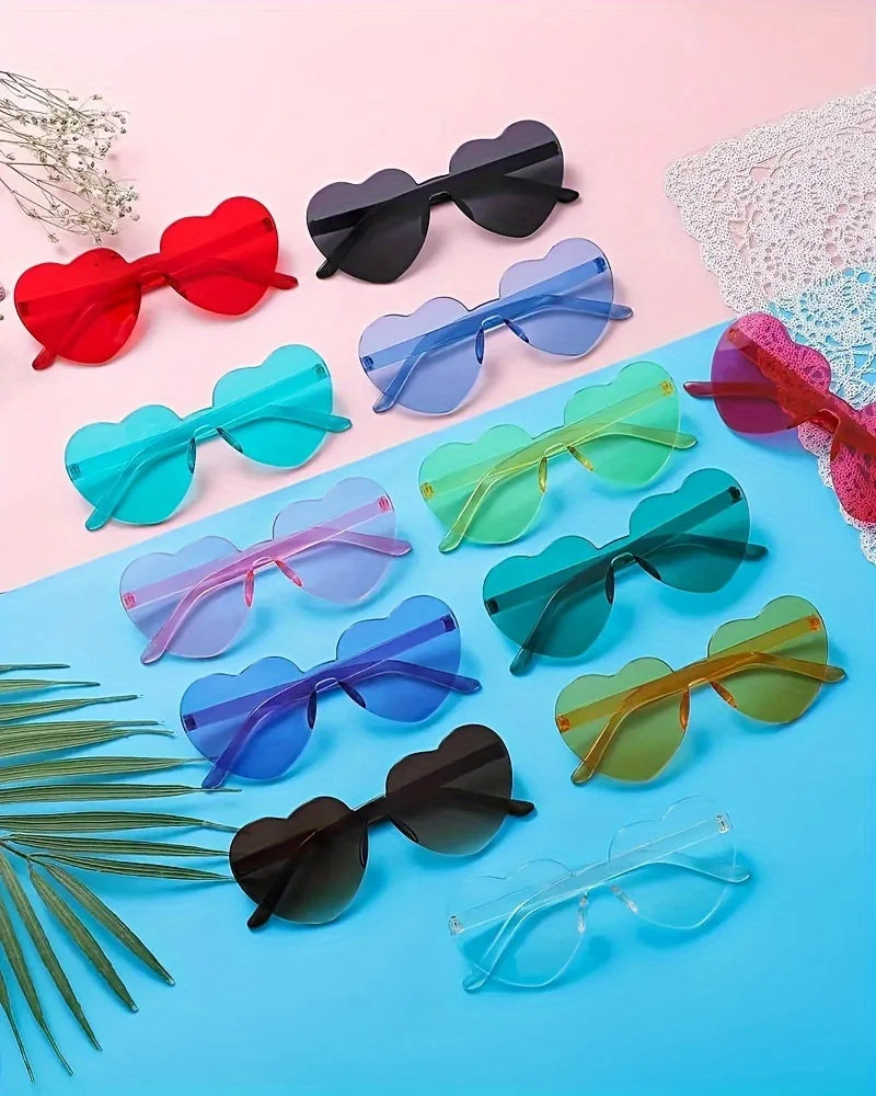15pcs Heart Shaped Rimless Sunglasses Women Men Cute Cat Eye Candy Color One Piece Shades Sun Glasses Party Eyeglasses UV400 - Fullshopping
