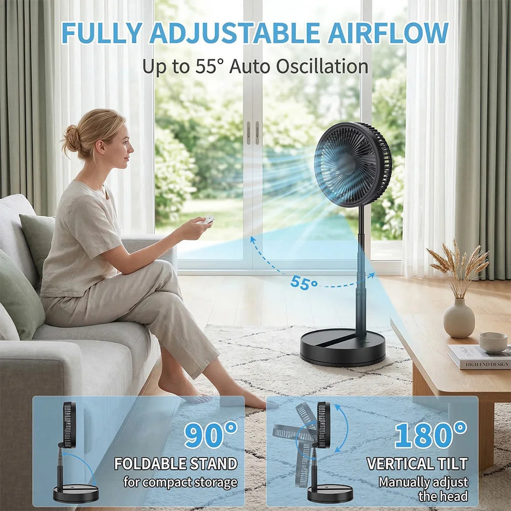 Telescopic Folding Desk Fan With 8000 mAh Wireless USB Rechargeable Adjustable Height Timing Remote control Fans