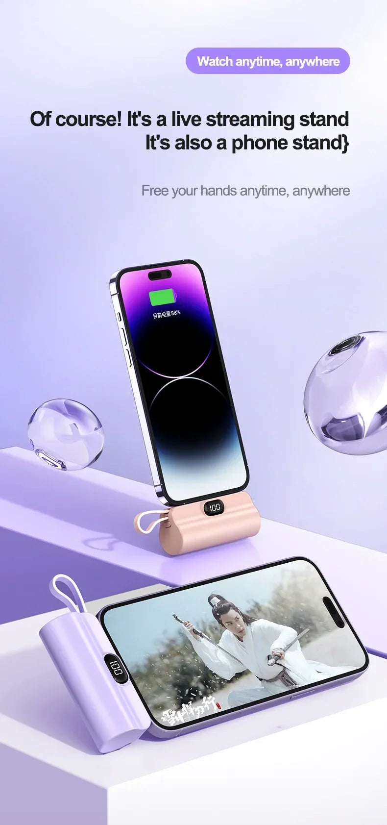 10000mAh Mini Power Bank Portable Fast Charger External Spare Battery For iPhone Samsung Built-in Type C Cable Small Powerbank - Fullshopping