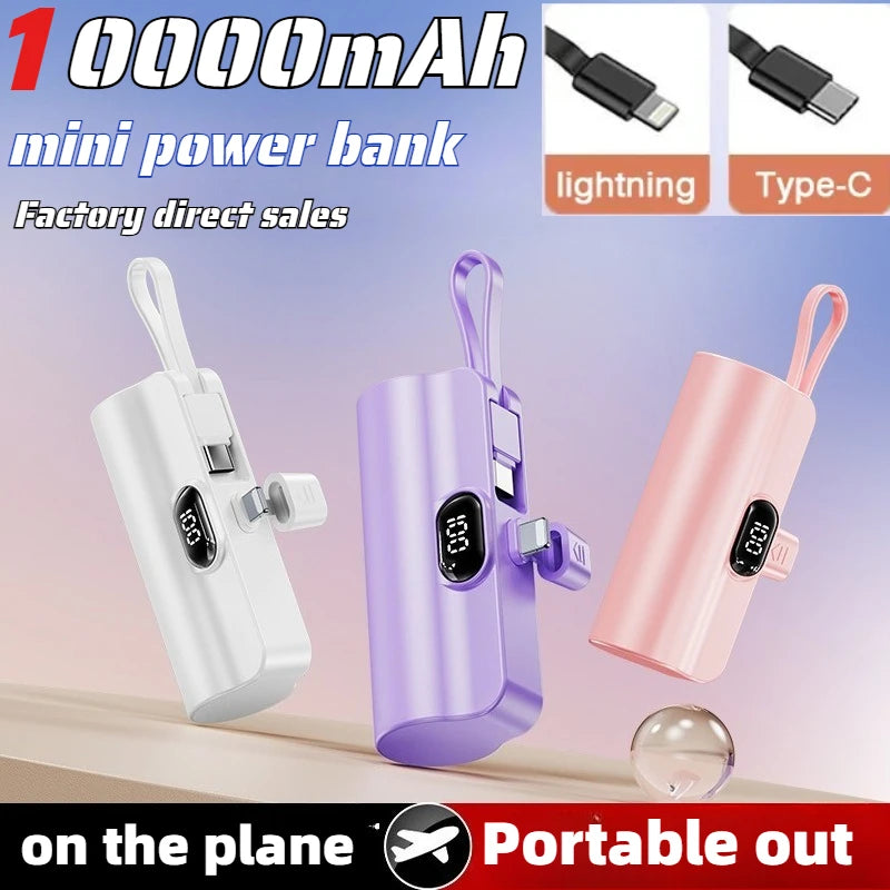 10000mAh Mini Power Bank Portable Fast Charger External Spare Battery For iPhone Samsung Built-in Type C Cable Small Powerbank - Fullshopping