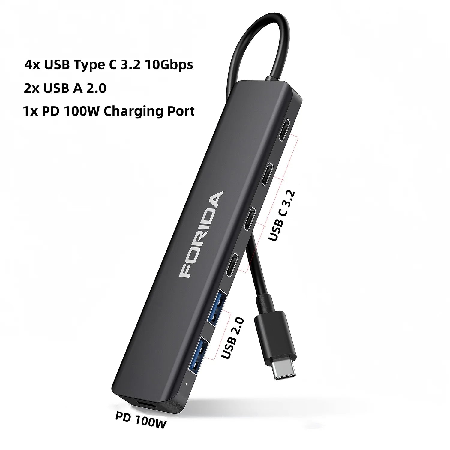 FORIDA USB Hub Type C 10Gbps USB C Splitter PD 100W Power Charging USB 3.2 Gen2 Adapter for Laptop MacBook Desktop Tablet - Fullshopping