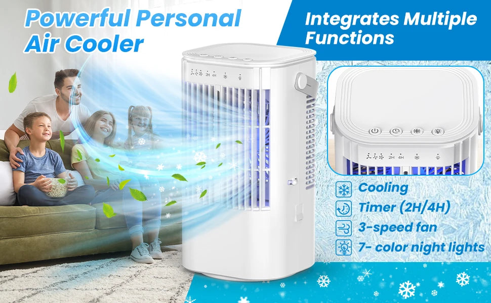 Portable cooling fan with seven-color night light, 900ml large capacity, USB interface, suitable for living room, bedroom, etc