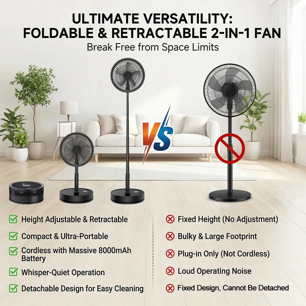 9" Portable Standing Oscillating Fan with Remote - Tall Floor Foldable Travel Fan for Sleeping - Pedestal Stand Up Folding Bed k
