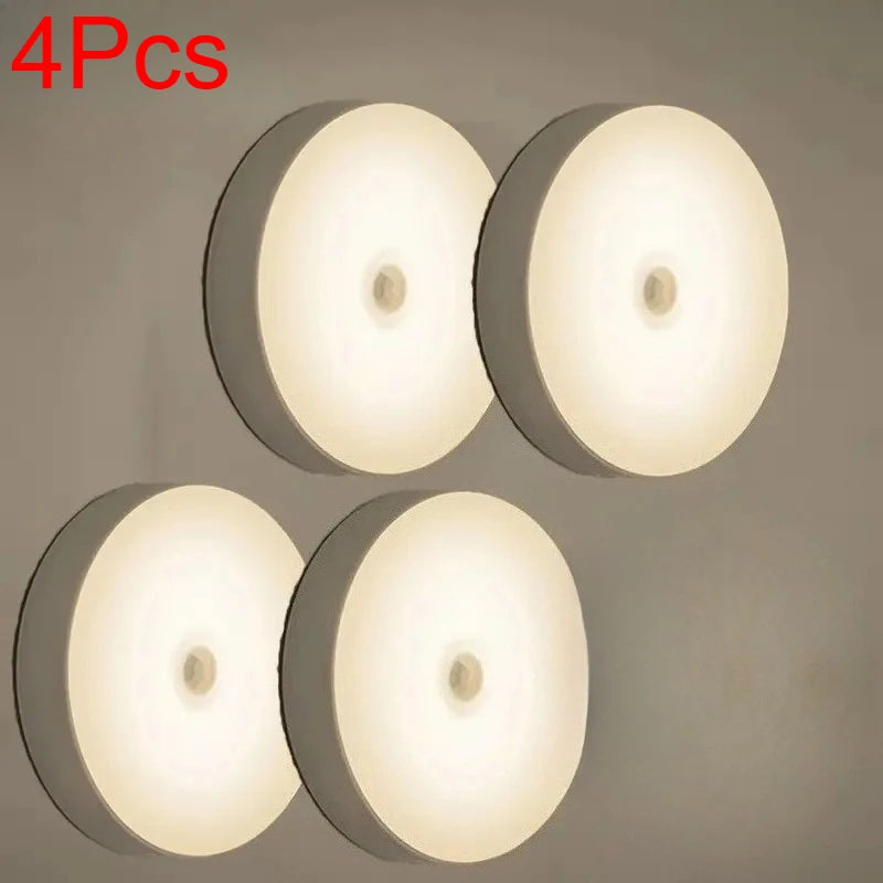 1~8Pcs Motion Sensor Night Lights 8-LED Round Wall Lamps USB Rechargeable Under Cabinet Lighting for Bedsides Hallways Stairs