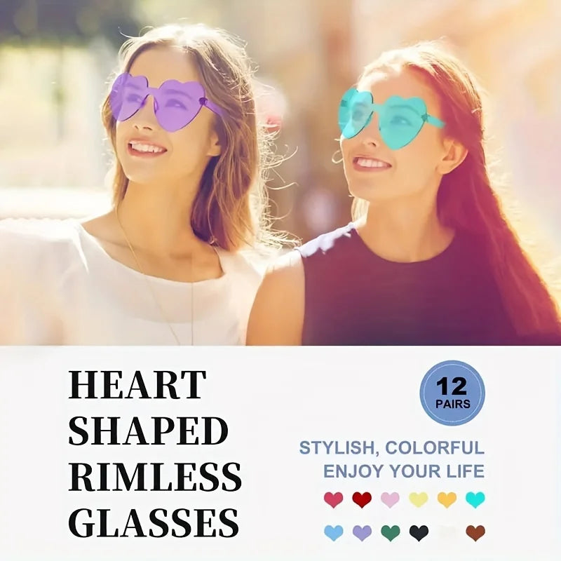 15pcs Heart Shaped Rimless Sunglasses Women Men Cute Cat Eye Candy Color One Piece Shades Sun Glasses Party Eyeglasses UV400 - Fullshopping