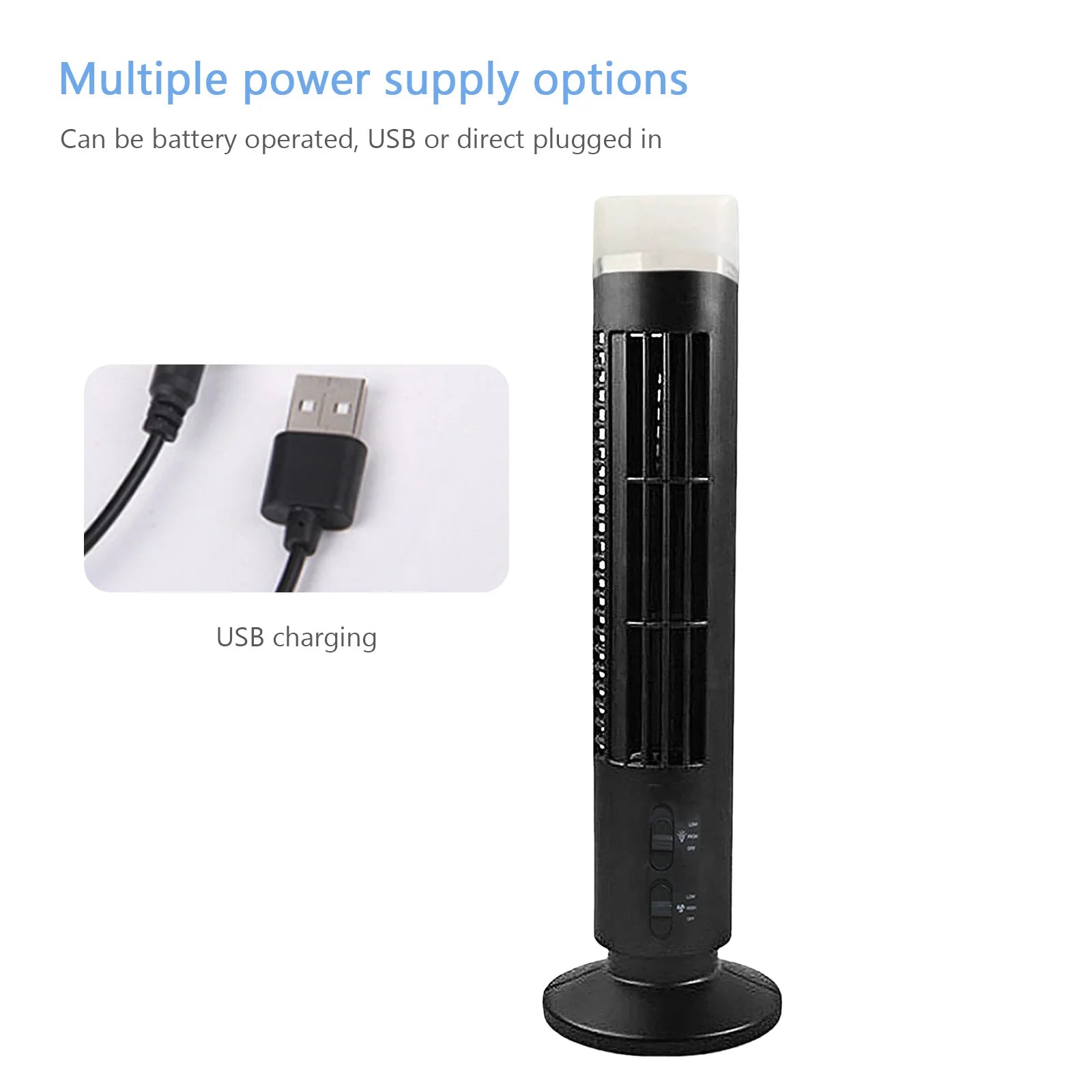 Vertical  Fan Bladeless Cooling Tower Fans with Light USB Plug-in Or Battery Powered 2-speed for Home Office