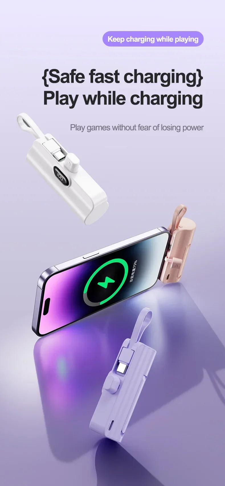 10000mAh Mini Power Bank Portable Fast Charger External Spare Battery For iPhone Samsung Built-in Type C Cable Small Powerbank - Fullshopping