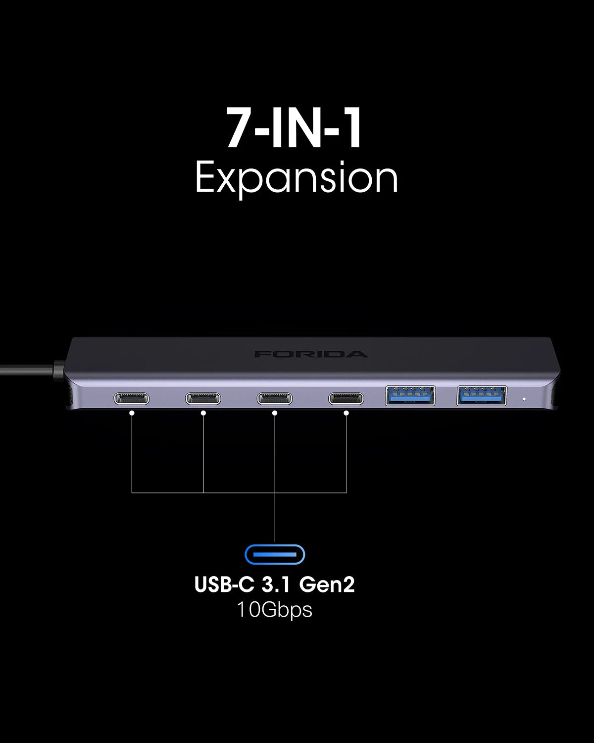 FORIDA USB Hub Type C 10Gbps USB C Splitter PD 100W Power Charging USB 3.2 Gen2 Adapter for Laptop MacBook Desktop Tablet - Fullshopping