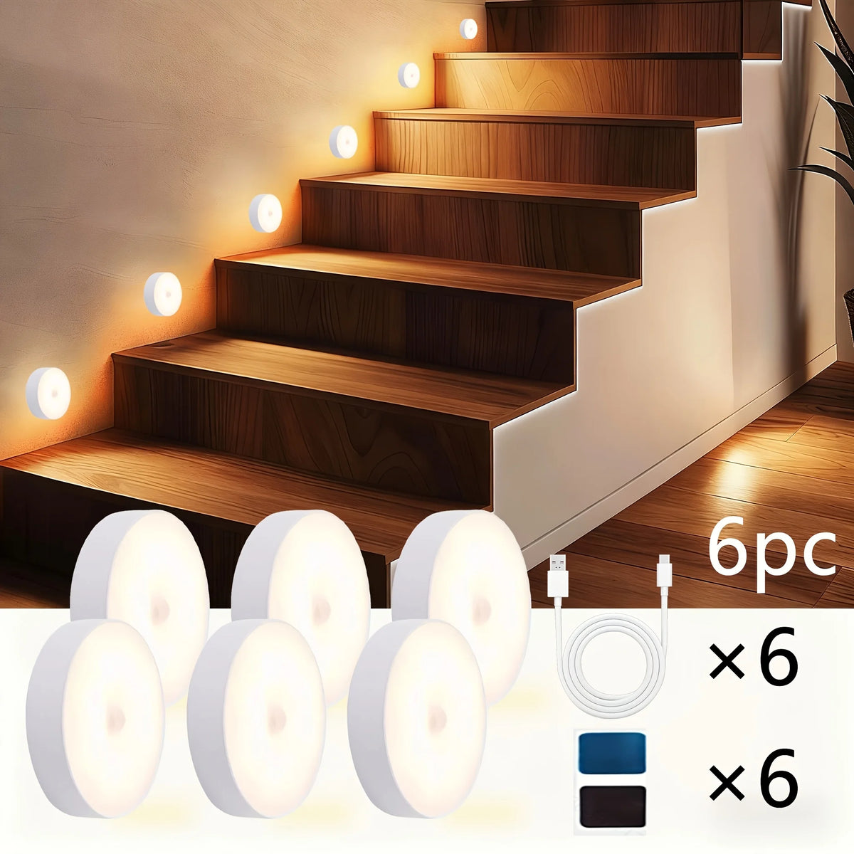 1~8Pcs Motion Sensor Night Lights 8-LED Round Wall Lamps USB Rechargeable Under Cabinet Lighting for Bedsides Hallways Stairs