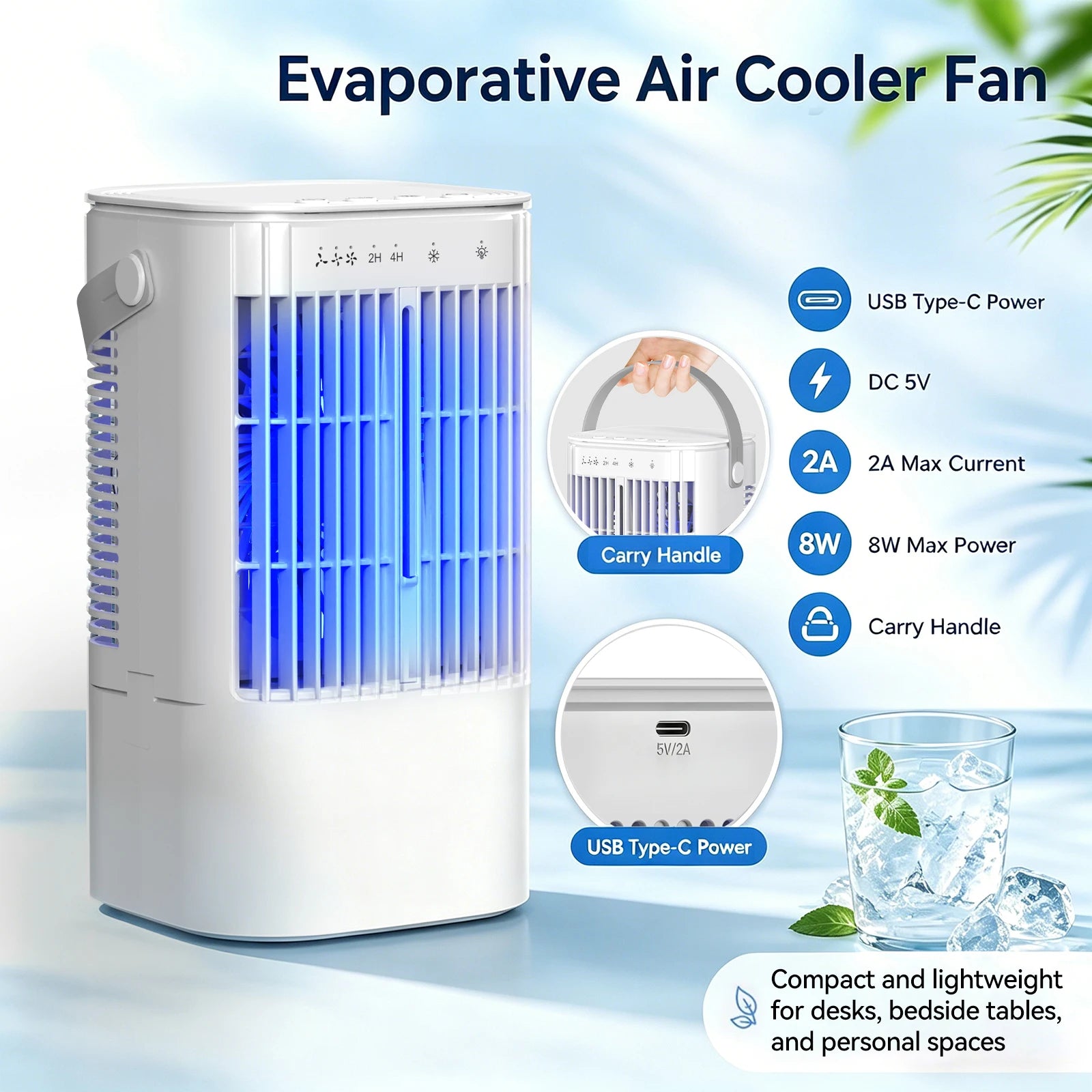 Portable cooling fan with seven-color night light, 900ml large capacity, USB interface, suitable for living room, bedroom, etc