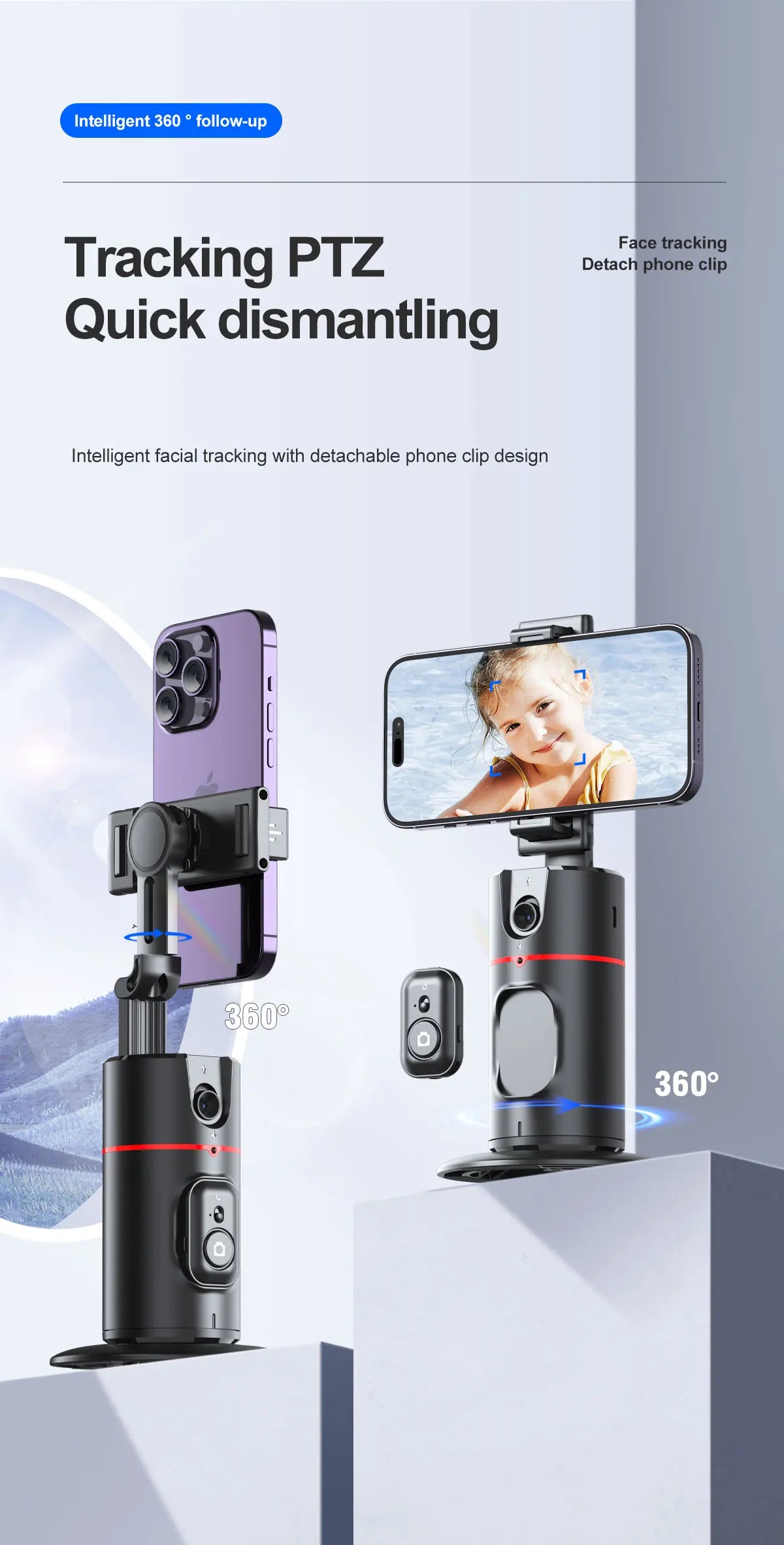 Phone Stabilizer Smart Facial Tracking Detachable Phone Clip with Fill Light Desktop Phone Stand Wireless Selfie Stick Tripod - Fullshopping