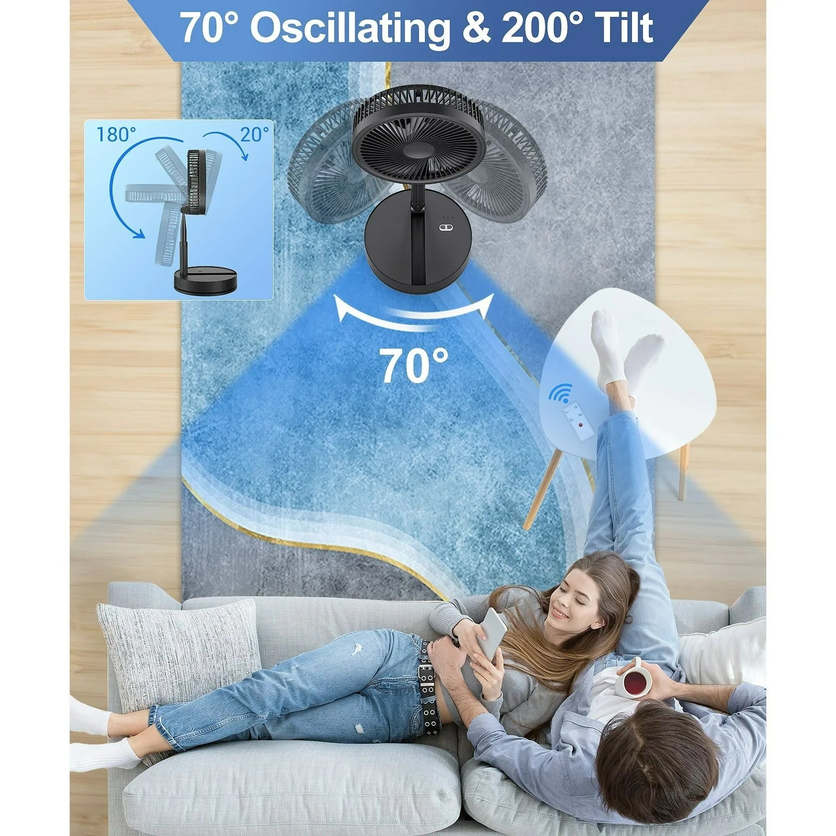 9" Portable Standing Oscillating Fan with Remote - Tall Floor Foldable Travel Fan for Sleeping - Pedestal Stand Up Folding Bed k