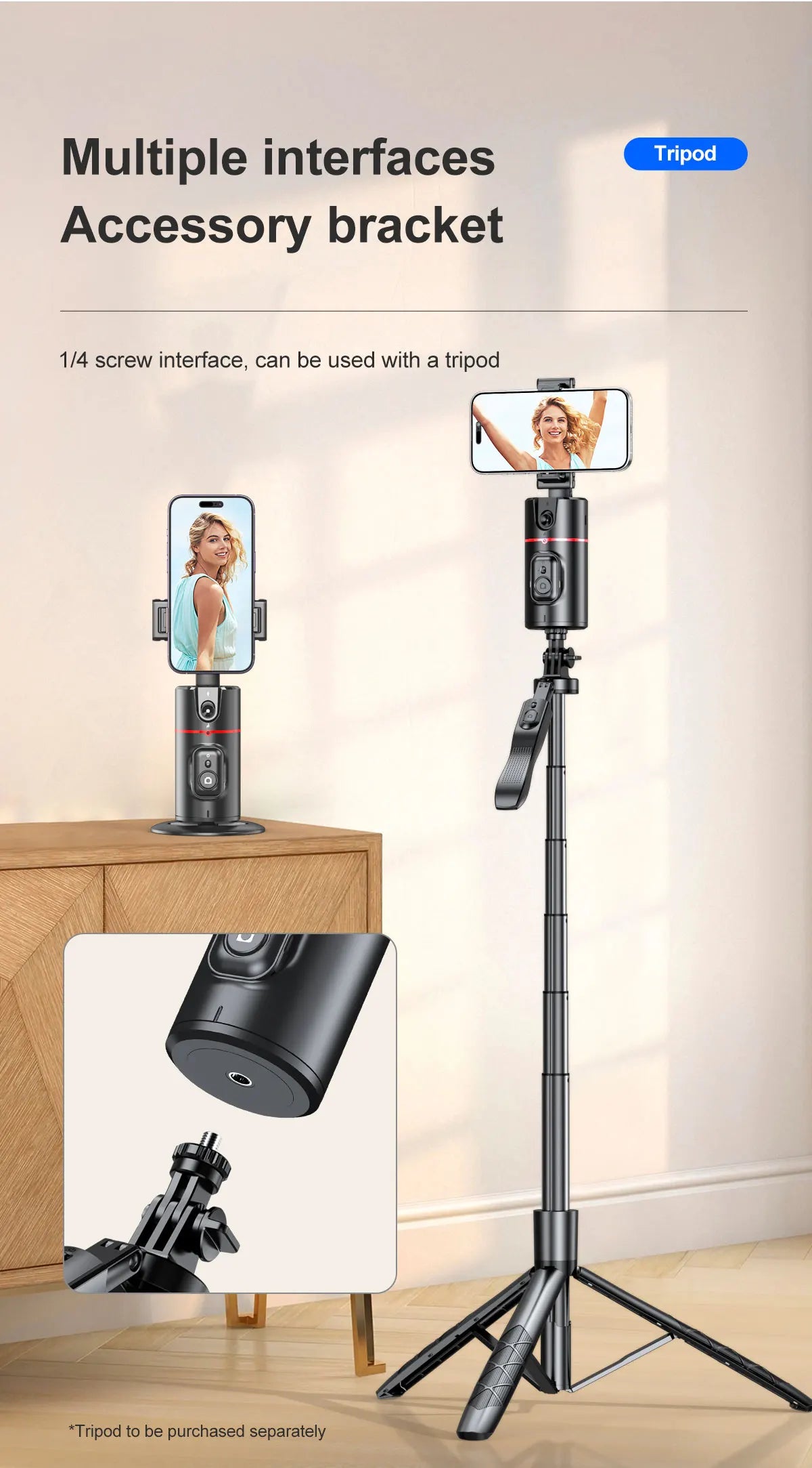 Phone Stabilizer Smart Facial Tracking Detachable Phone Clip with Fill Light Desktop Phone Stand Wireless Selfie Stick Tripod - Fullshopping
