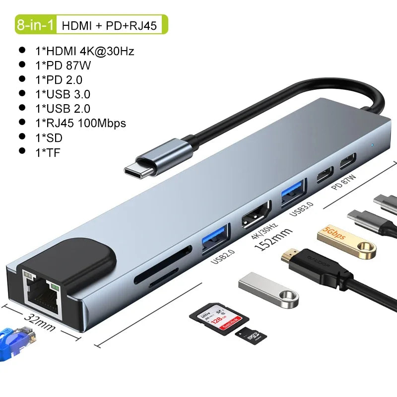 USB C Hub 8In1 7in2 7in1 Type C 3.1 To 4K HDMI Adapter with RJ45 SD/TF Card Reader PD Fast Charge for MacBook Notebook Laptop - Fullshopping