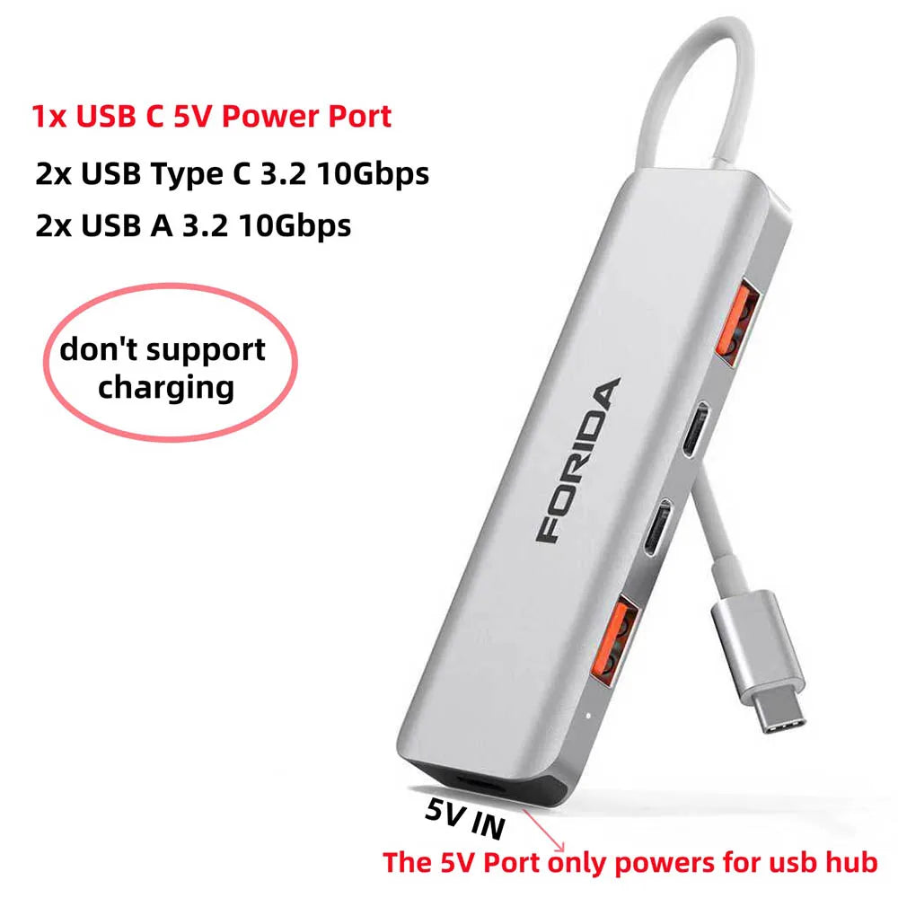 FORIDA USB Hub Type C 10Gbps USB C Splitter PD 100W Power Charging USB 3.2 Gen2 Adapter for Laptop MacBook Desktop Tablet - Fullshopping