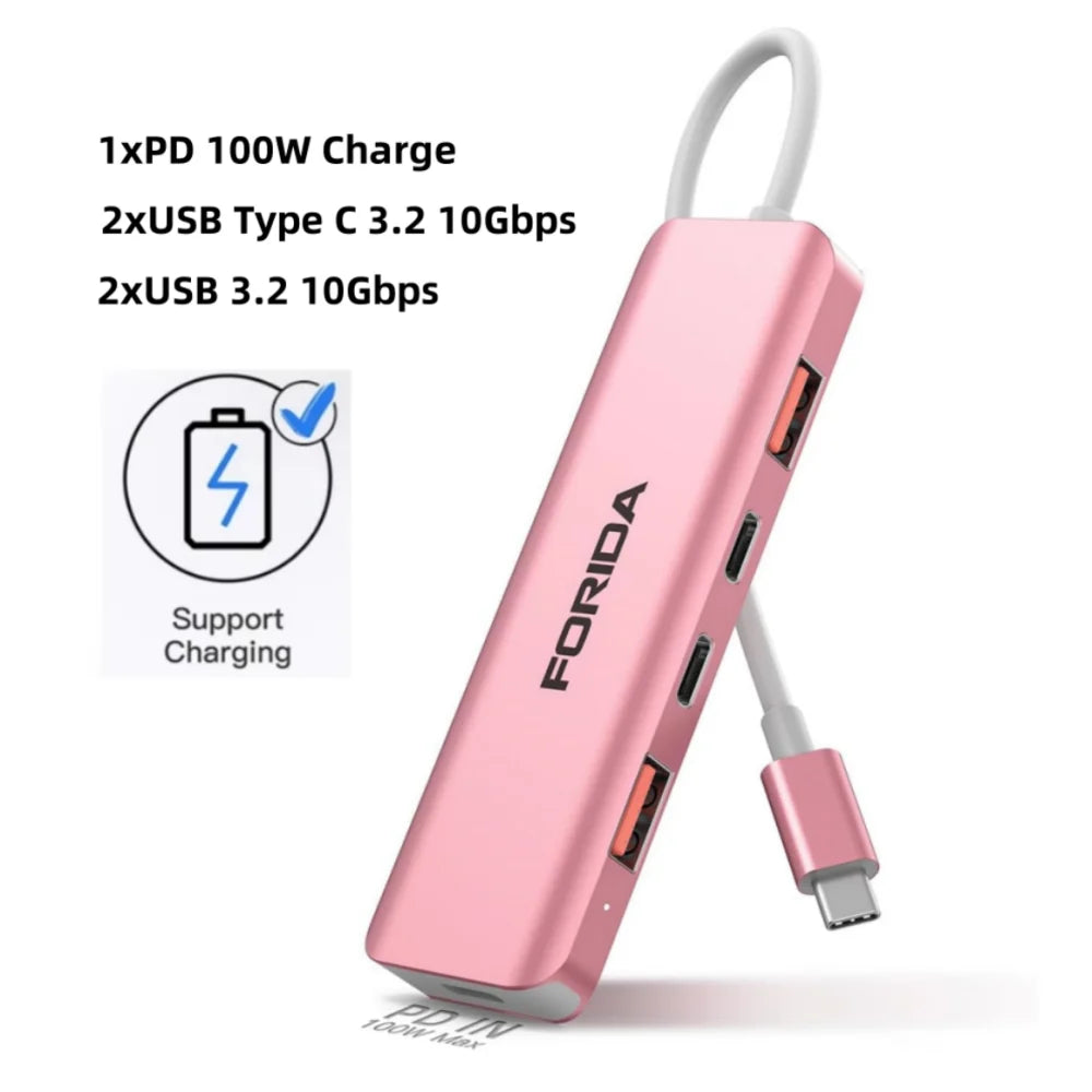 FORIDA USB Hub Type C 10Gbps USB C Splitter PD 100W Power Charging USB 3.2 Gen2 Adapter for Laptop MacBook Desktop Tablet - Fullshopping
