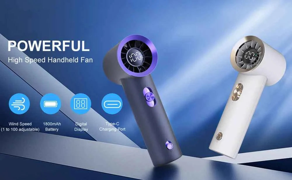 Portable Fan Turbo Wind 100 Strong Speed Mini Cooling Fan Electric Handheld Fan with Digital Display 1800mAh USB Rechargeable