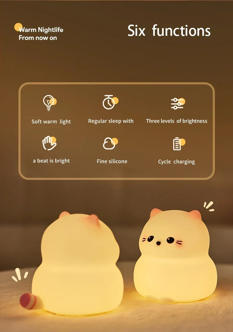 Cute Animal-shape Silicone Night Light Rechargeable Bedside Patting Nightlights For Child Holiday Gift Bedroom Decor Lighting - Fullshopping