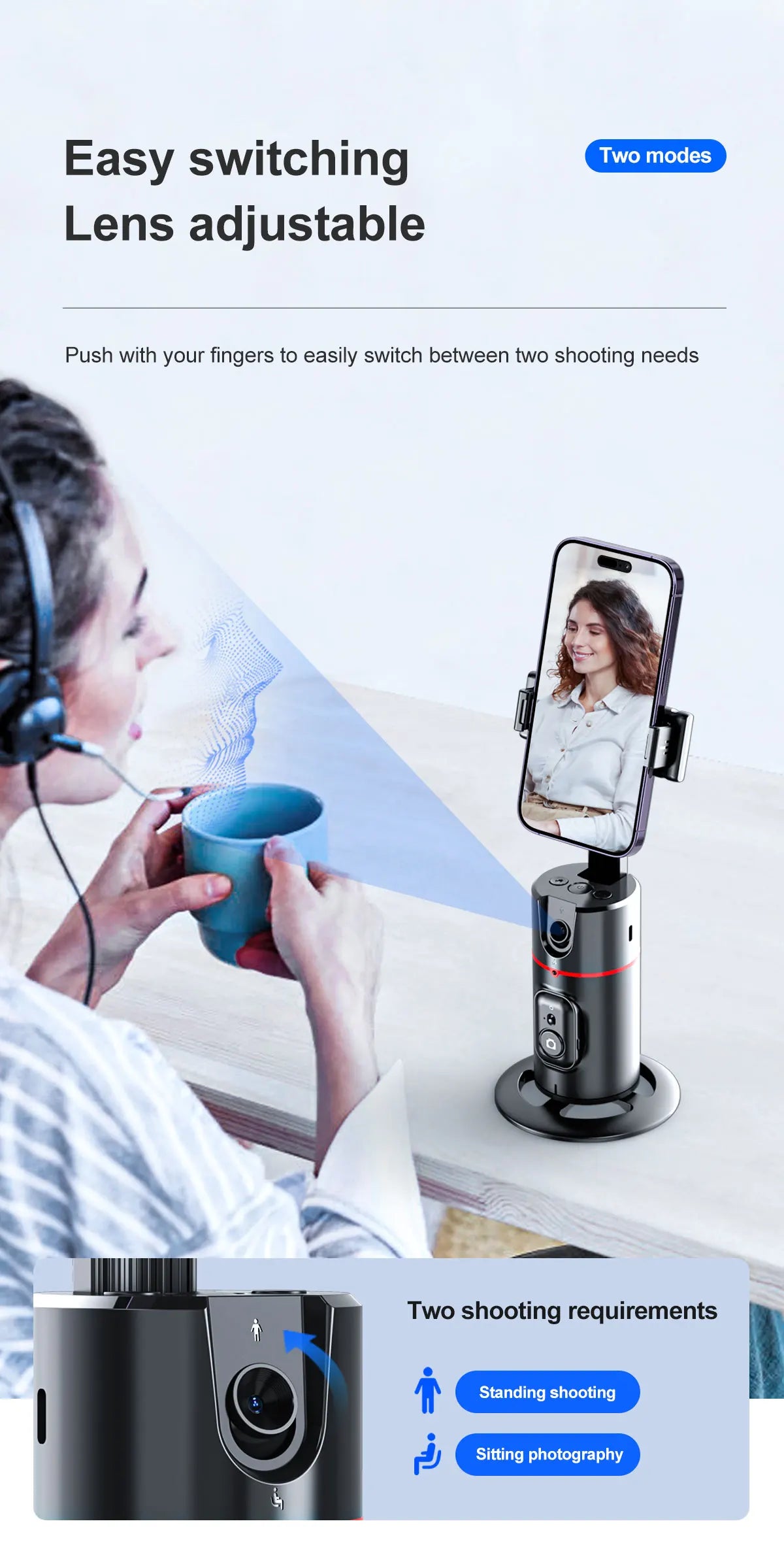 Phone Stabilizer Smart Facial Tracking Detachable Phone Clip with Fill Light Desktop Phone Stand Wireless Selfie Stick Tripod - Fullshopping