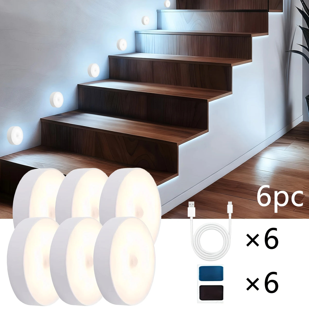 1~8Pcs Motion Sensor Night Lights 8-LED Round Wall Lamps USB Rechargeable Under Cabinet Lighting for Bedsides Hallways Stairs