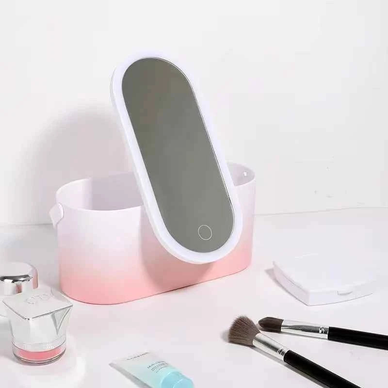 Makeup Organizer Box with LED Light Mirror Portable Travel Makeup Cosmetics Organizer Touch Light Storage Makeup Case - Fullshopping