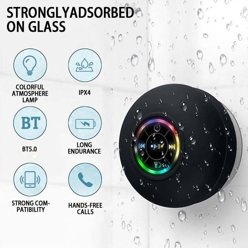 Portable Wireless Bluetooth Speaker LED Light IPX4 Waterproof Loudspeaker Outdoor Bathroom Large Suction Cup Stereo Sound Box - Fullshopping