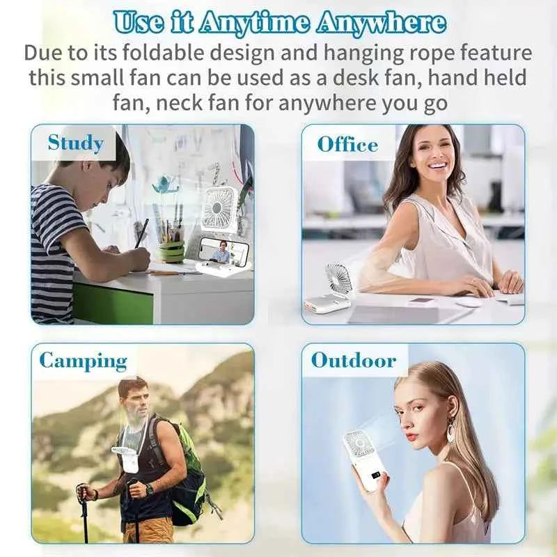 3000mAh 180° Folding Desktop Air Cooling Fan Emergency Power Supply Hanging Neck Fan Handheld USB Charging Portable Fan 2025