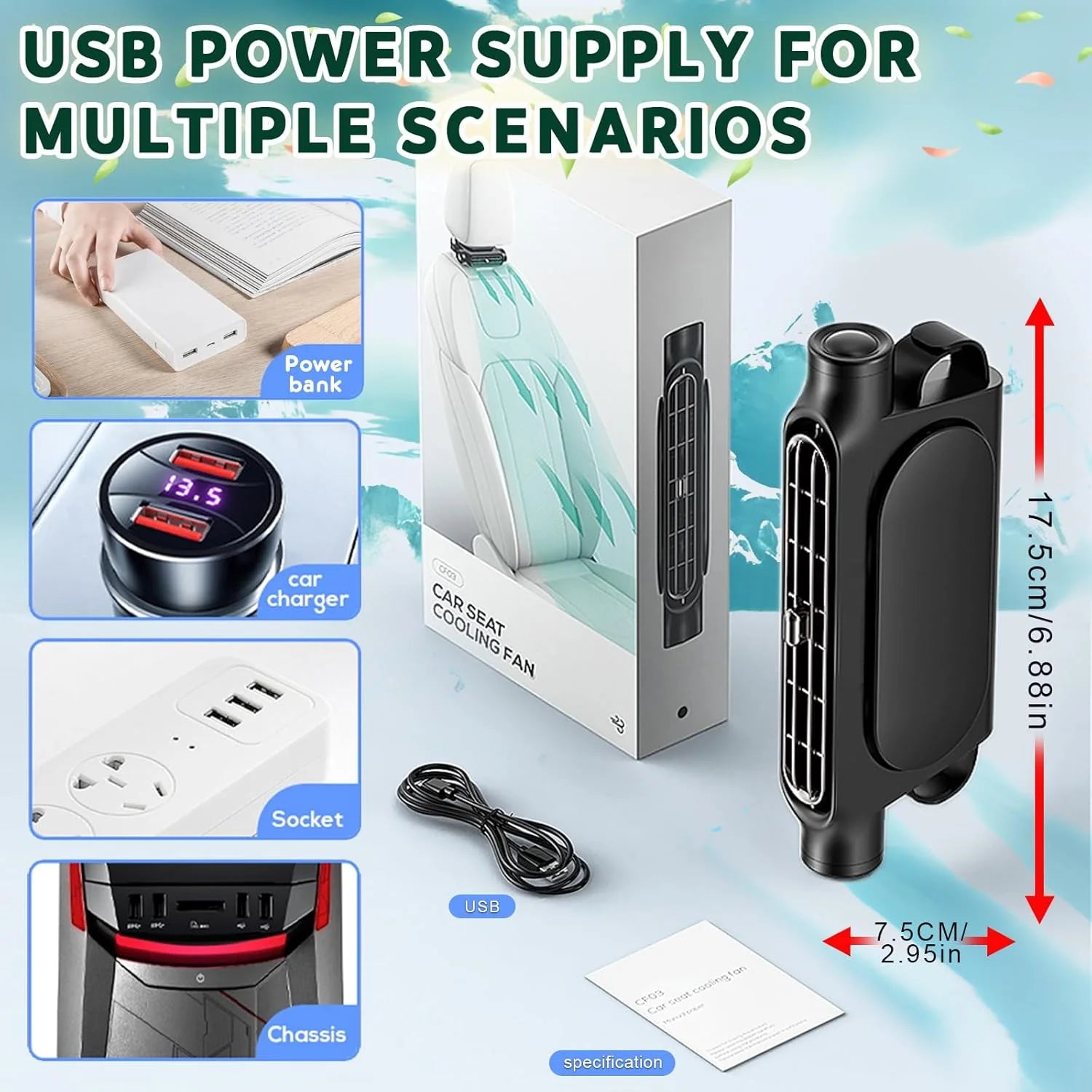 Car Seat Cooling Fan 3 Speed Adjustable 5V USB Car Headrest Cooling Air Fan Car Seat Fan for Front Rear Car Interior Accessories - Fullshopping