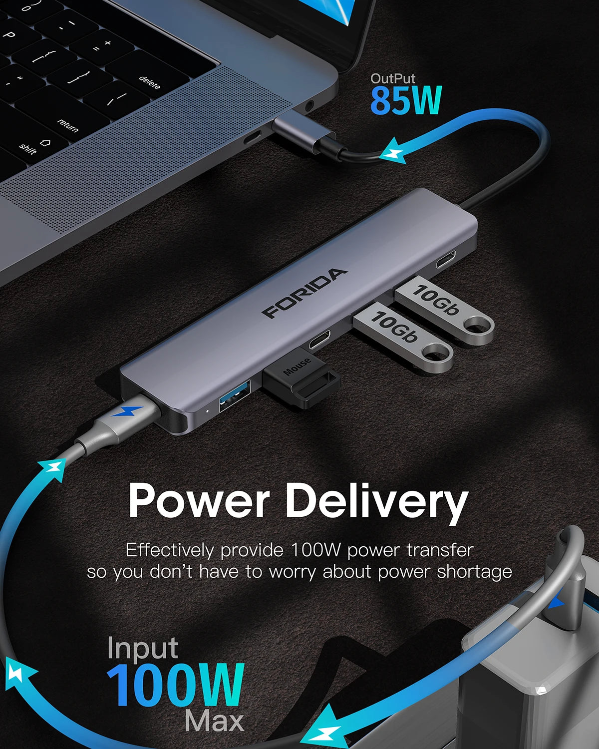 FORIDA USB Hub Type C 10Gbps USB C Splitter PD 100W Power Charging USB 3.2 Gen2 Adapter for Laptop MacBook Desktop Tablet - Fullshopping