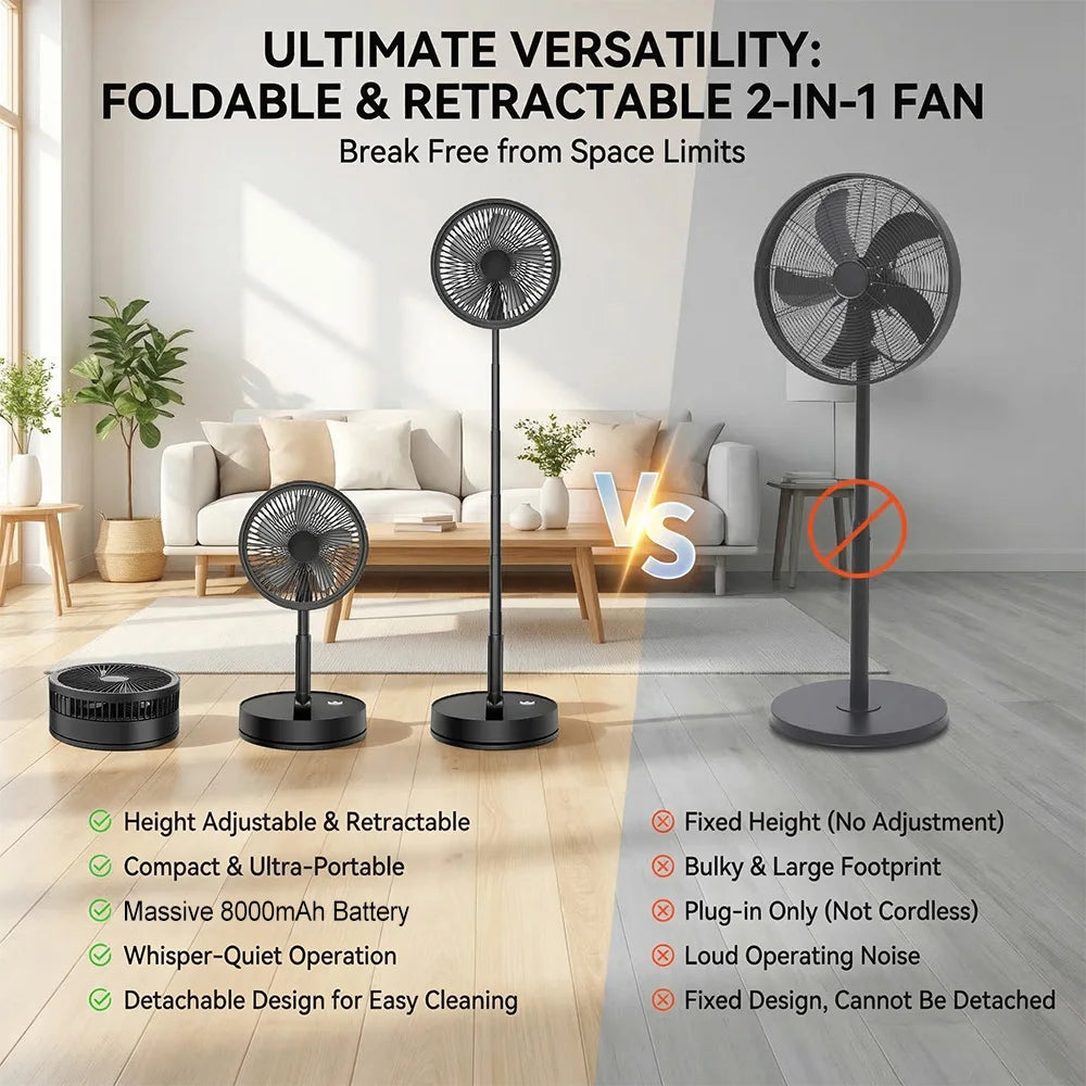 Telescopic Folding Desk Fan With 8000 mAh Wireless USB Rechargeable Adjustable Height Timing Remote control Fans