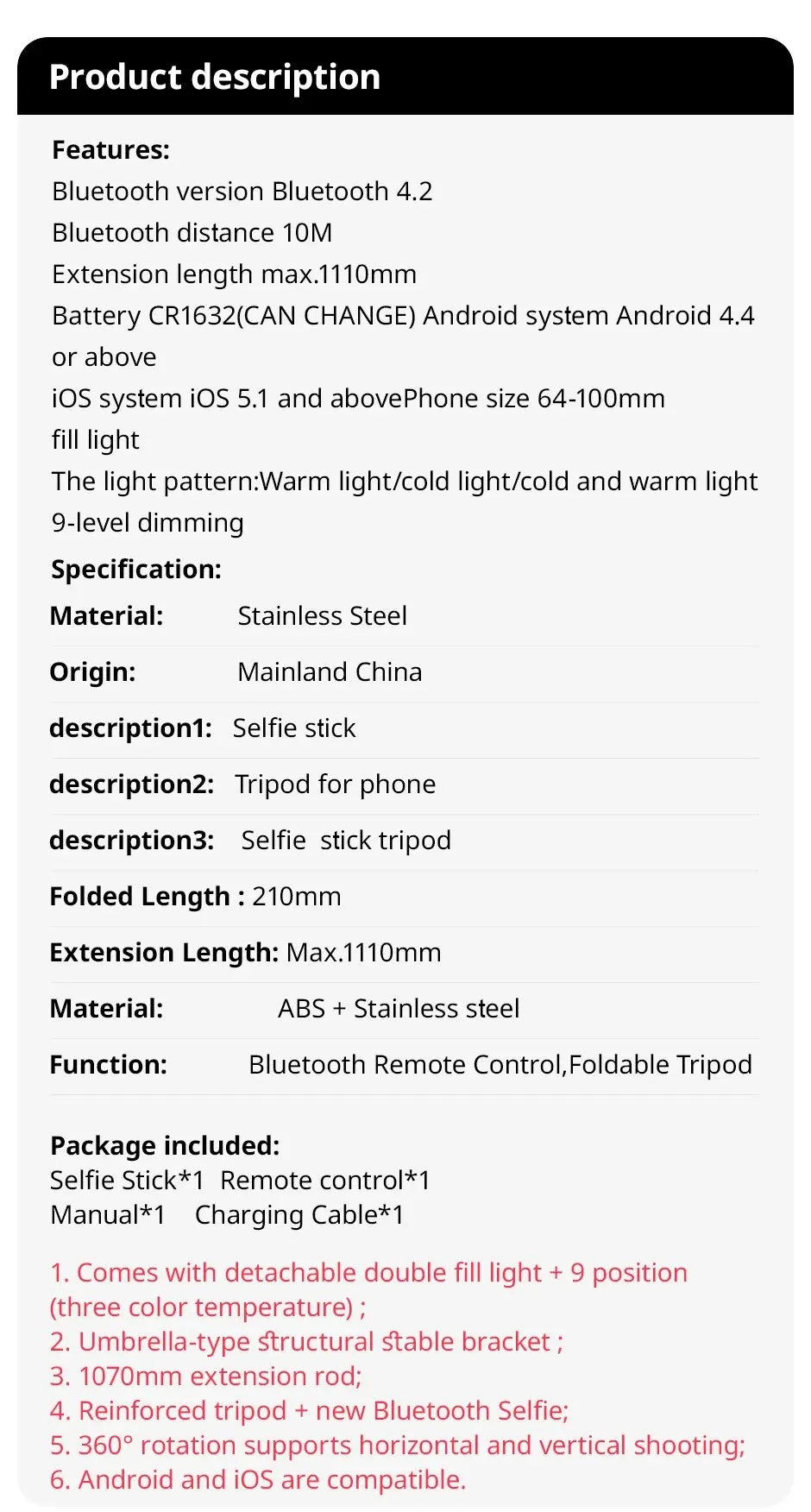 Portable Selfie Stick With Fill Light Foldable Mini Tripod Wireless Bluetooth Remote Shutter For Android Smartphones Video Live - Fullshopping